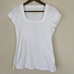 Lole brand white T-shirt with Embroidered X detail on Shoulder Size Medium